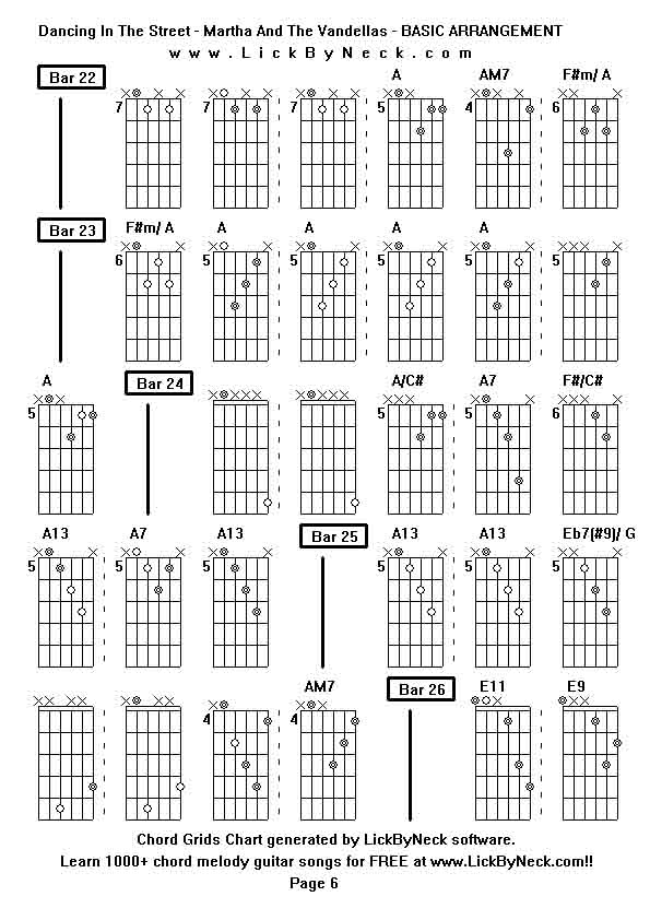 Chord Grids Chart of chord melody fingerstyle guitar song-Dancing In The Street - Martha And The Vandellas - BASIC ARRANGEMENT,generated by LickByNeck software.